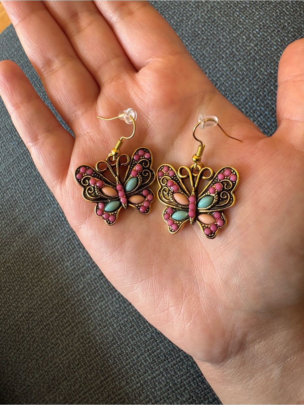 Gold-Tone Pink & Mint Butterfly Drop Earrings - Picture 3 of 8